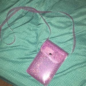 Clear, purple, glittery purse